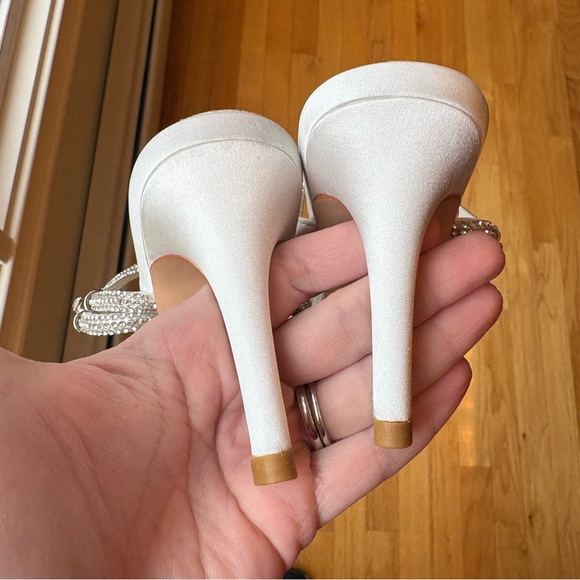 Elegant White Satin Wedding Heels with Rhinestone Bow & Adjustable Ankle Strap! - Picture 9 of 9